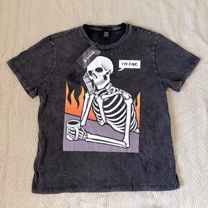 NWT SHEIN  Black Thick Cotton Acid Wash I’m Fine Skeleton Graphic T-shirt